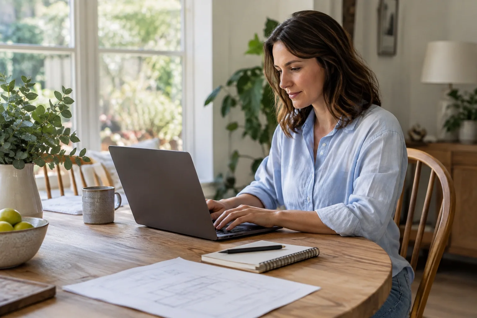 Illustrative homeowner preparing a project enquiry on a laptop