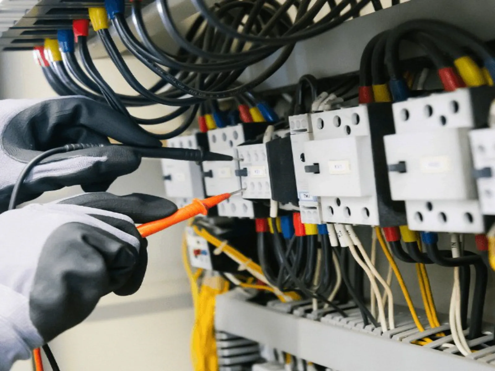 Illustrative professional testing an electrical control panel with a multimeter